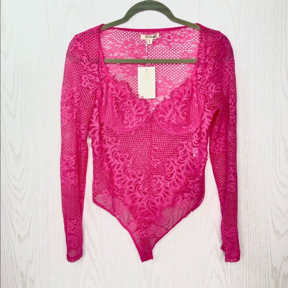 My Boo Vibrant Pink Mesh Underwire Lace Thong Bodysuit NWT